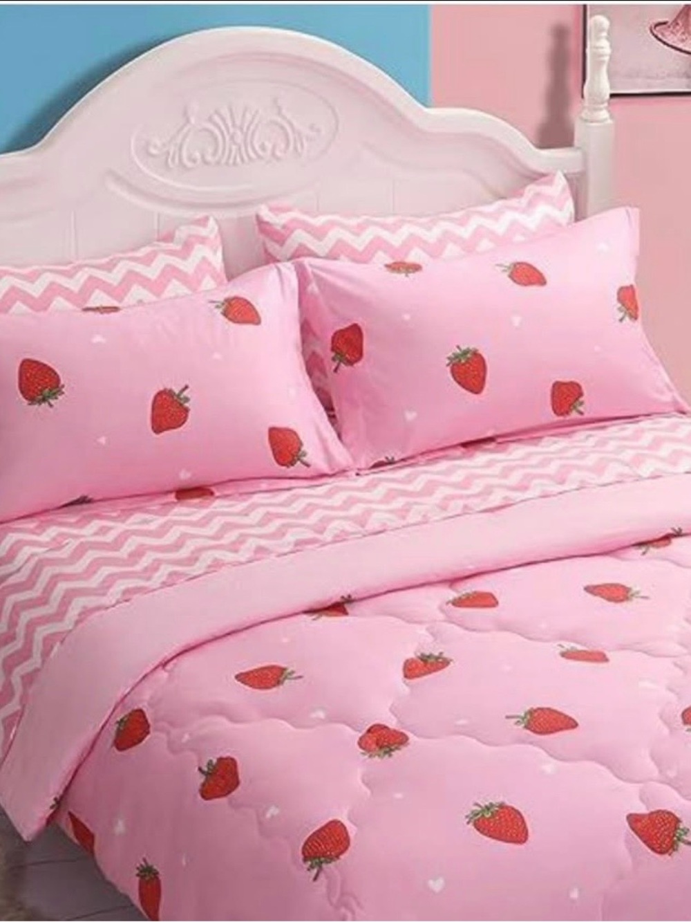 Pink Strawberry Print Comforter Set - Cute Kids Bedding